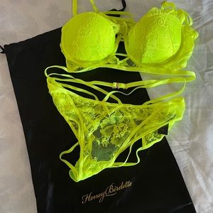 Honey Birdette Vanessa Neon Yellow 34DD bra Large panty